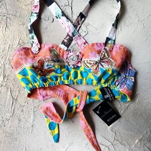 Designer Bralette Shabby Chic Bra Top Pink Magnolia Small Rose Pin Blue Polkadot